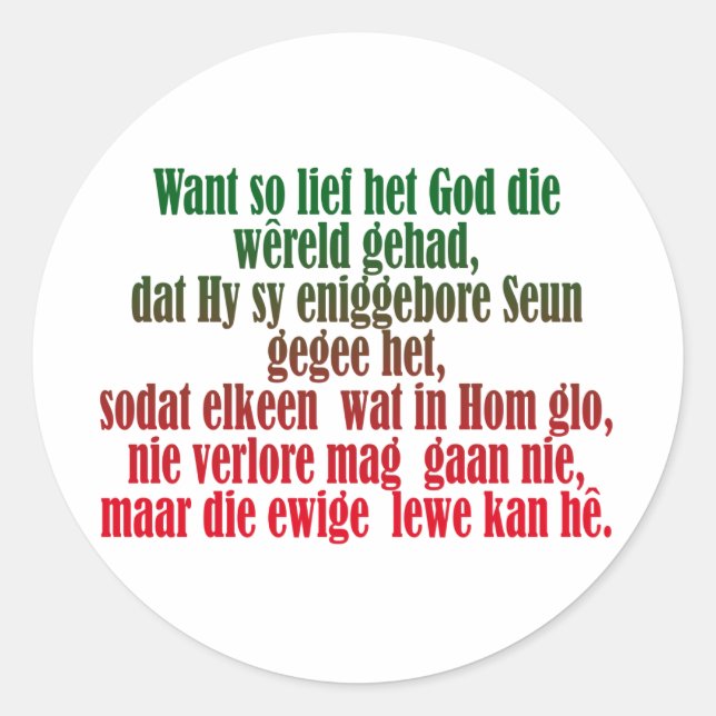 Pegatina Redonda John 3:16 Afrikaans (Anverso)