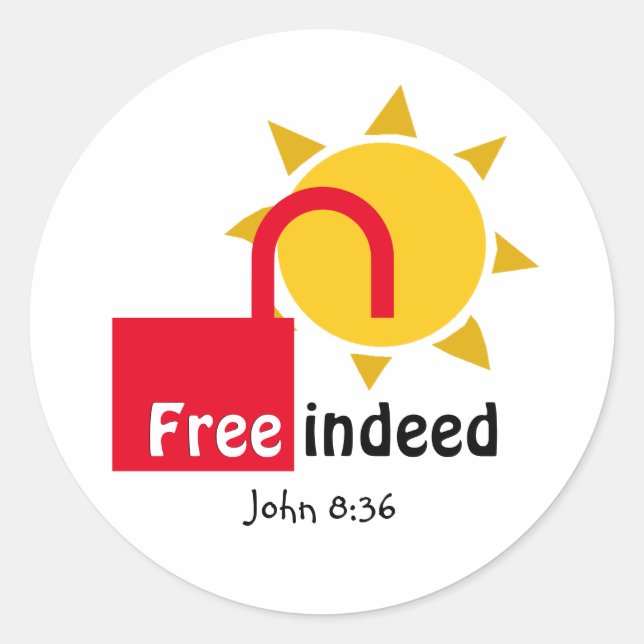 Pegatina Redonda John 8:36 Personalizable LIBRE DE HECHO cristiano  (Anverso)