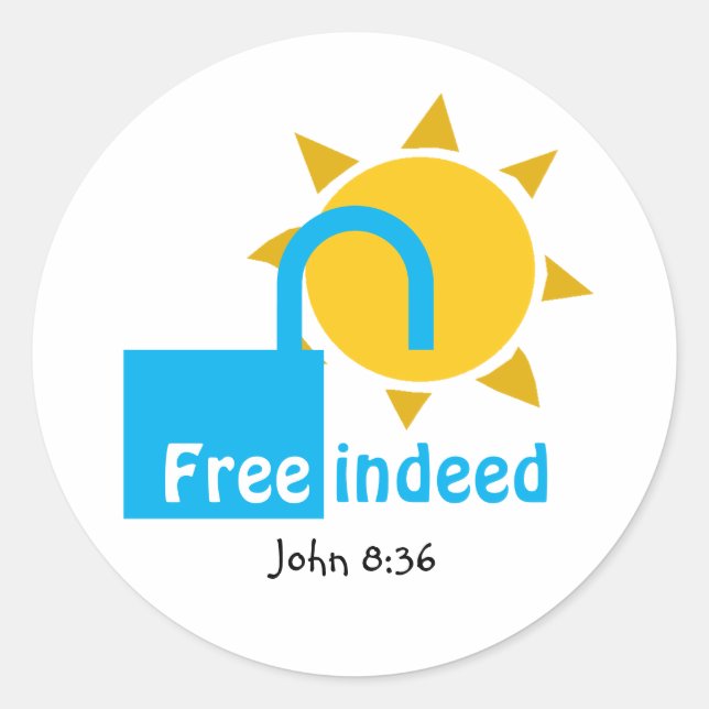Pegatina Redonda John 8:36 Personalizable LIBRE DE HECHO CYAN crist (Anverso)