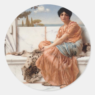 Pegatina Redonda John William Godward - En los días del Sapfo