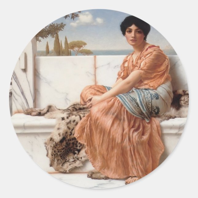 Pegatina Redonda John William Godward - En los días del Sapfo (Anverso)