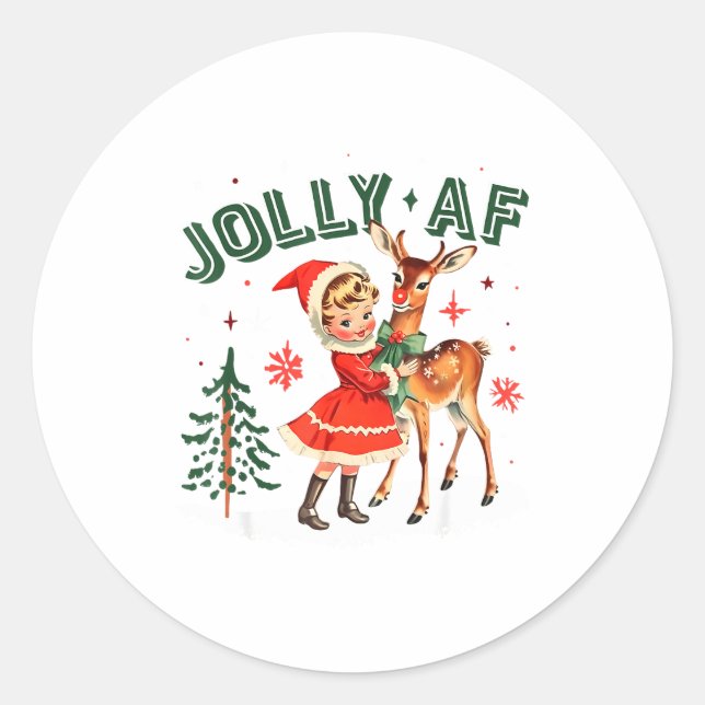 Pegatina Redonda Jolly Af Christmas Retro 50s Cute Girl And Deer Vi (Anverso)