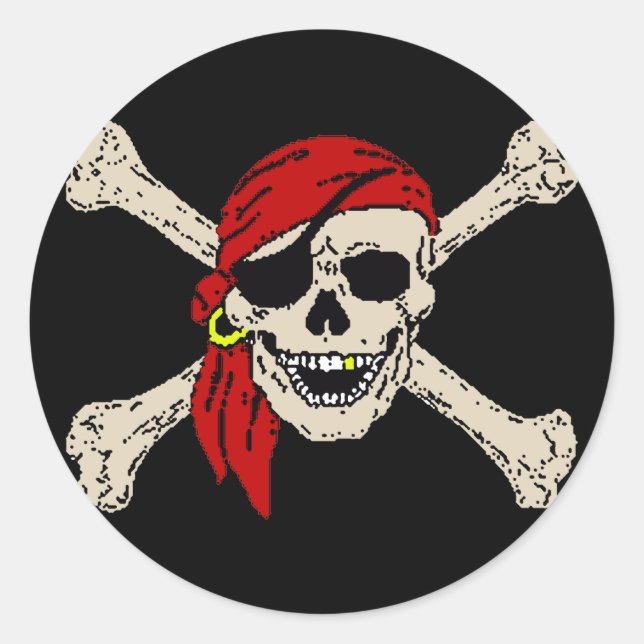 Pegatina Redonda Jolly Roger Pirate Skull Huesos Rojos Bandanna (Anverso)