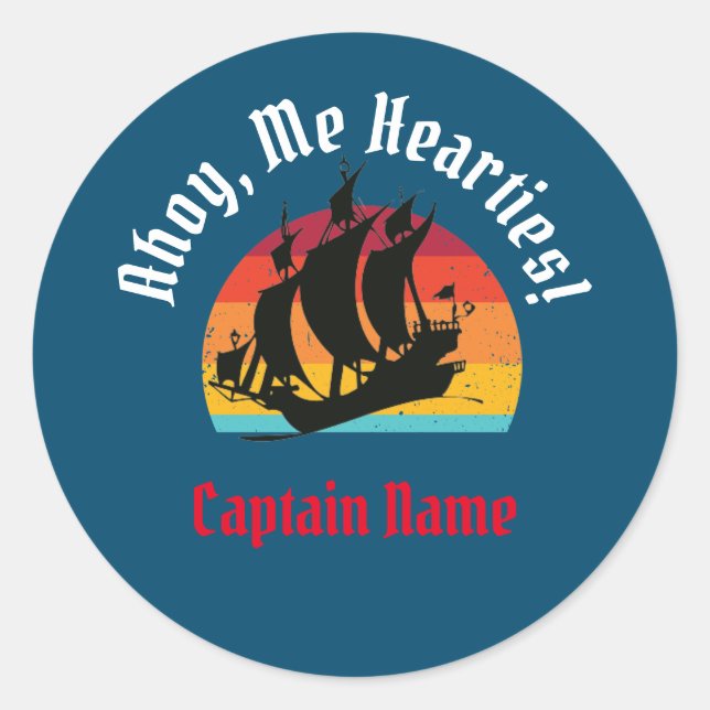 Pegatina Redonda Jolly Roger Ship Sunset, Ahoy, Me Hearts! Class (Anverso)