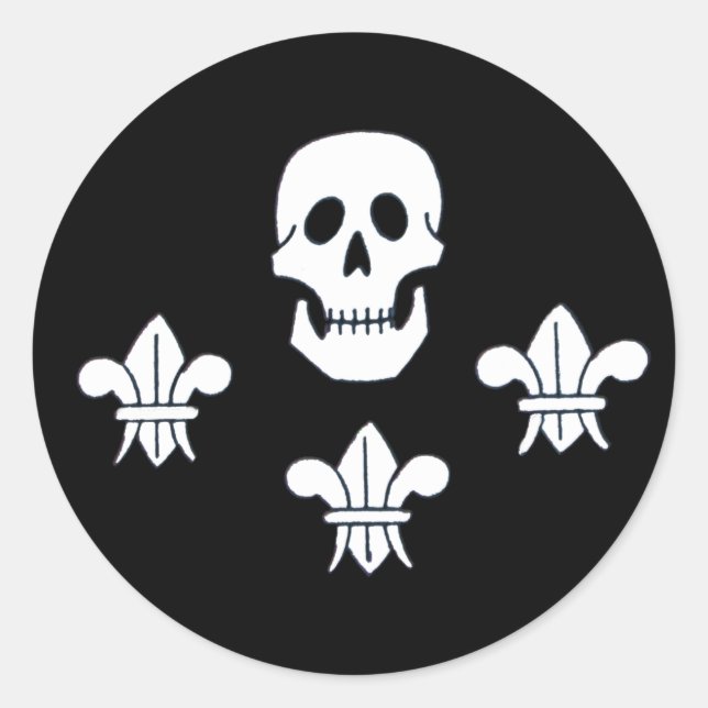 PEGATINA REDONDA JOLLY ROGER SKULL Y LA BANDERA DE TRES LILIES (Anverso)
