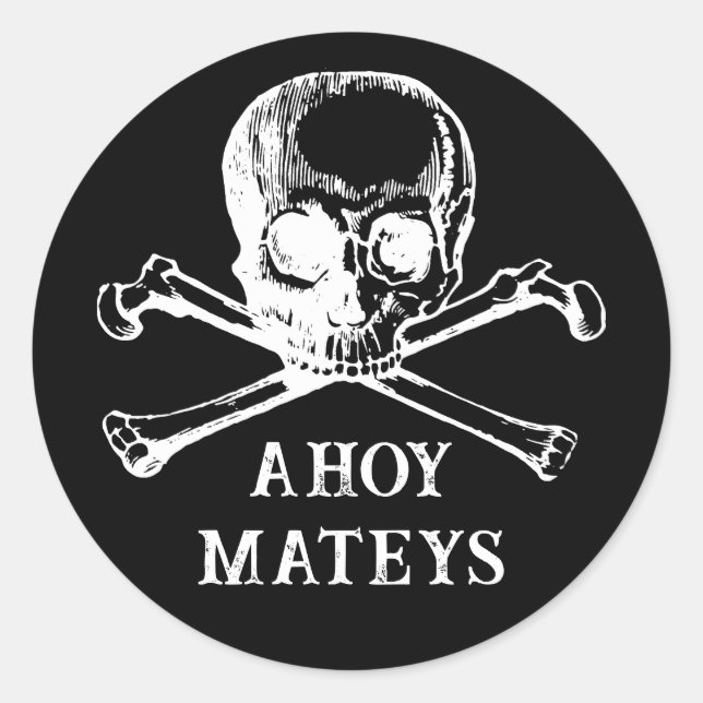 Pegatina Redonda Jolly Rogers. Pirata de Halloween Negro. Ahoy mate (Anverso)