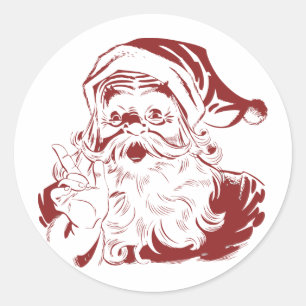 Pegatina Redonda Jolly Santa Claus en Red Fun Retro Feliz Navidad