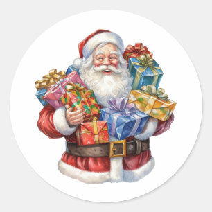 Pegatina Redonda Jolly Santa Claus en traje rojo tradicional