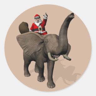 Pegatina Redonda Jolly Santa Claus Montando Sobre El Elefante