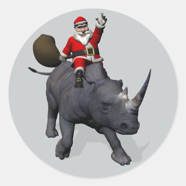 Pegatina Redonda Jolly Santa Claus montando un rinoceronte (Anverso)