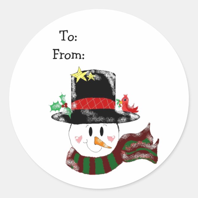 Pegatina Redonda Jolly Snowman en un Gorra negro (Anverso)