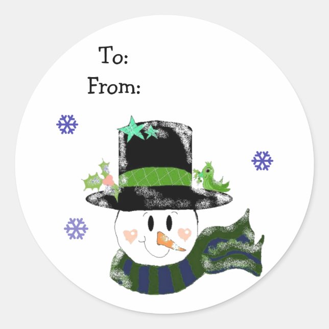 Pegatina Redonda Jolly Snowman en un Gorra negro (Anverso)