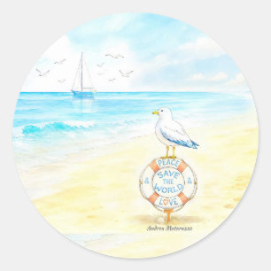 Pegatina Redonda Jon Seagull - Paz y Amor Salvan el Mundo