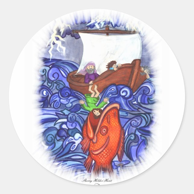 Pegatina Redonda Jonah y los peces grandes (Anverso)