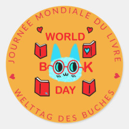 Pegatina Redonda Journée Mondiale du Livre / Gato del Día Mundial d