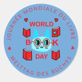 Pegatina Redonda Journée Mondiale du Livre / Gato del Día Mundial d