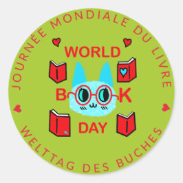 Pegatina Redonda Journée Mondiale du Livre / Gato del Día Mundial d