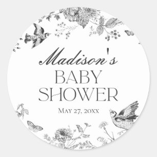Pegatina Redonda Jouy de Toile Negra Vintage Floral Baby Shower Fav