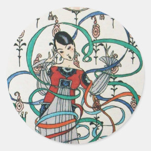 Pegatina Redonda JOVEN CHICA, COLORIDAS BARRAS DE RIBÓN, CUPIDA Cum