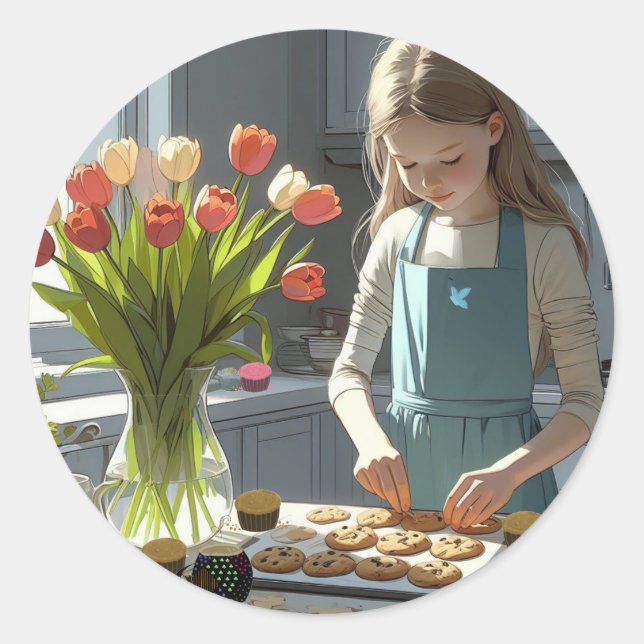 Pegatina Redonda Joven Chica Cookie Baker (Anverso)