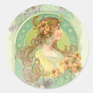 Pegatina Redonda Joven Chica de Art Nouveau con flores de estrellas