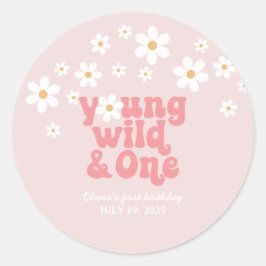 Pegatina Redonda Joven retro Wild One Daisy floral 1er cumpleaños