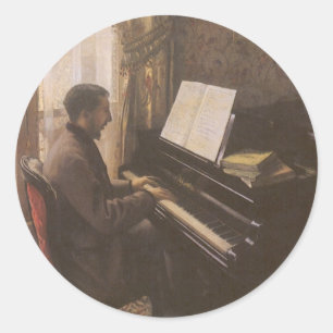 Pegatina Redonda Joven tocando el piano de Gustave Caillebotte