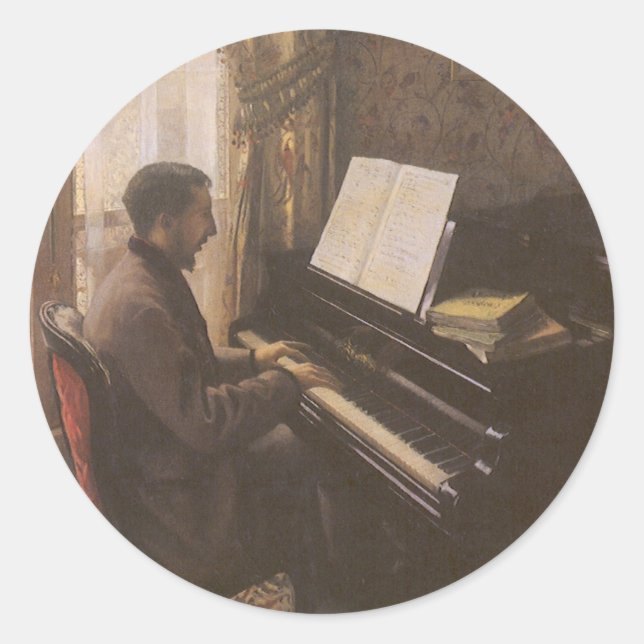 Pegatina Redonda Joven tocando el piano de Gustave Caillebotte (Anverso)