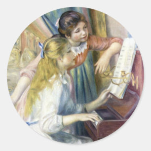 Pegatina Redonda Jóvenes niñas al piano de Pierre Renoir