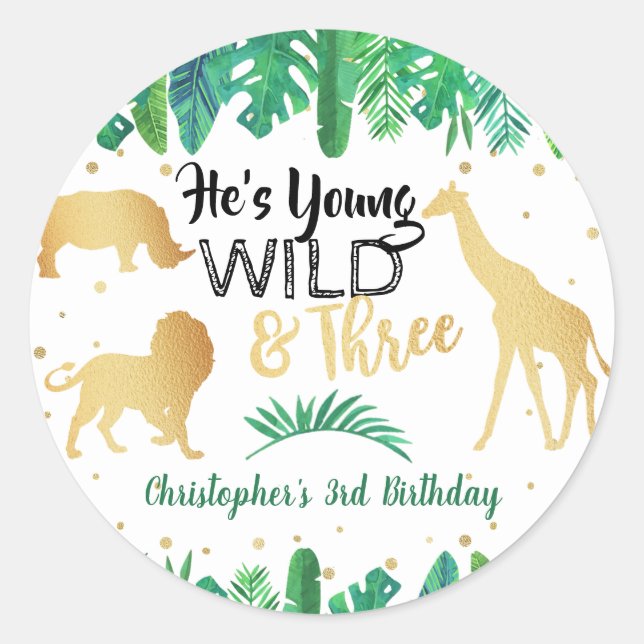 Pegatina Redonda Jóvenes salvajes y tres niños tercer cumpleaños (Anverso)
