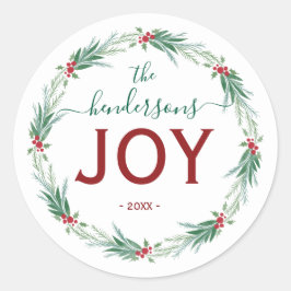 Pegatina Redonda Joy Christmas Wreath Name Handwritten Script