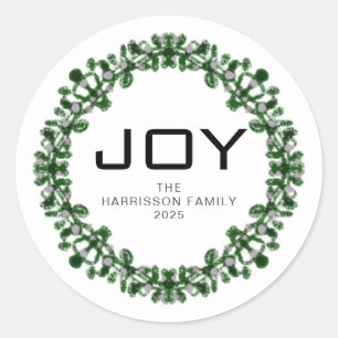 Pegatina Redonda Joy Floral Navidades Wreath Family Name Classic
