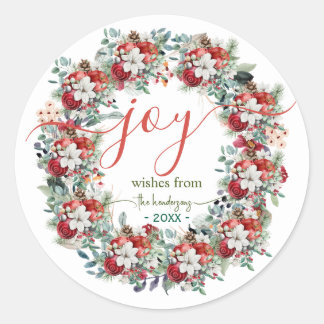 Pegatina Redonda Joy Handwritten Script Christmas Wreath Name Red