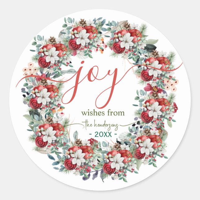 Pegatina Redonda Joy Handwritten Script Christmas Wreath Name Red (Anverso)