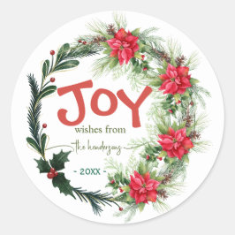 Pegatina Redonda Joy Handwritten Script Name Christmas Wreath  Red 