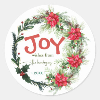 Pegatina Redonda Joy Handwritten Script Name Christmas Wreath  Red 
