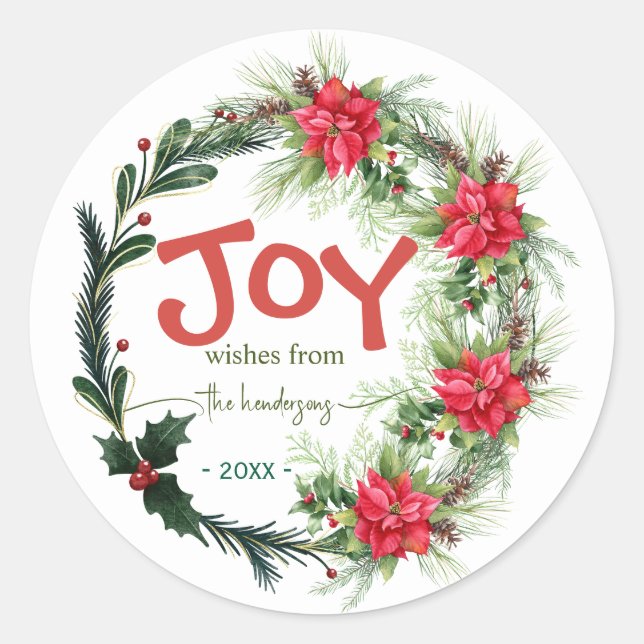 Pegatina Redonda Joy Handwritten Script Name Christmas Wreath  Red  (Anverso)