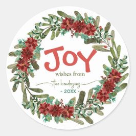 Pegatina Redonda Joy Handwritten Script Name Red Christmas Wreath 