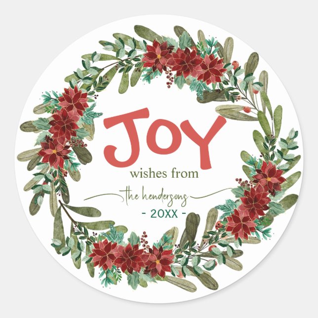 Pegatina Redonda Joy Handwritten Script Name Red Christmas Wreath  (Anverso)