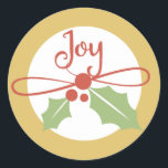Pegatina Redonda Joy Holly Gold y Red Christmas Stickers<br><div class="desc">Navidades pegatinas de vacaciones con un fondo dorado,  circular blanca con un sorbo de bayas rojas y cinta roja y texto rojo que dice ¡Alegría! ¡Tenemos las tarjetas de fotos de vacaciones,  etiquetas de dirección y sellos postales a juego!</div>