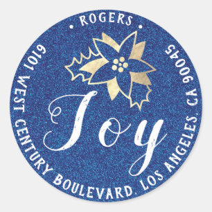 Pegatina Redonda Joy Holly Holiday Return Address Blue RSVP Gold