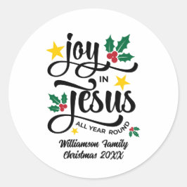 Pegatina Redonda Joy in Jesus Christian Christmas Family Name 