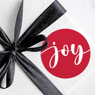 Pegatina Redonda Joy lindo guión simple tipografía Navidades rojos