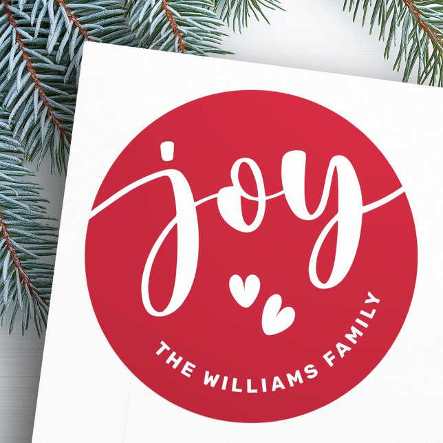 Pegatina Redonda Joy lindo guión tipografía Navidades de nombres ro (Joy cute script typography red name Christmas Classic Round Sticker)