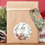 Pegatina Redonda Joy Merry Christmas Floral Wreath Family Name<br><div class="desc">Floral navideña personalizada</div>