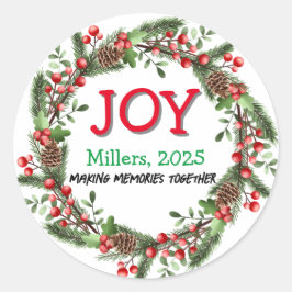 Pegatina Redonda Joy Merry Christmas Wreath Family Name Red Xmas
