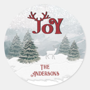 Pegatina Redonda Joy Modern Watercolor invierno escenario de ciervo