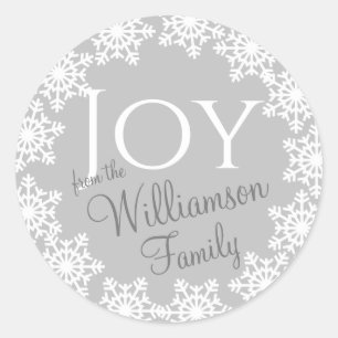 Pegatina Redonda JOY Navidades Familia Gray Gray White Snowflake