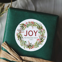 Pegatina Redonda Joy - Navidades Wreath Family Name