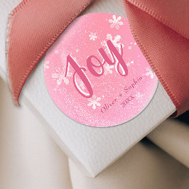Pegatina Redonda Joy Pink Snowflakes Navidades de regalo navideño